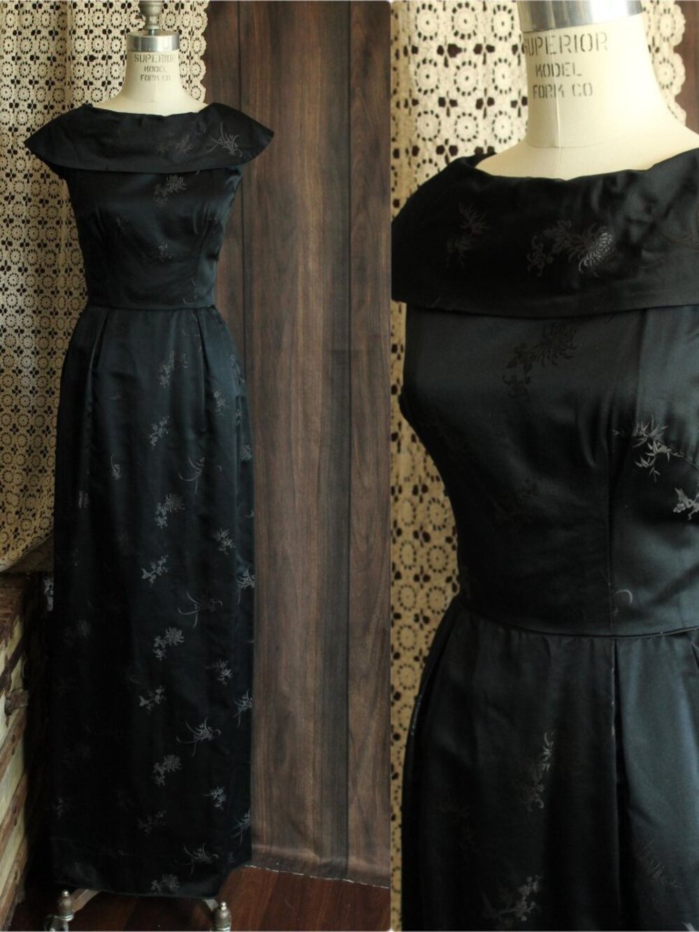 Vintage 1960s Dress, Black Satin Brocade Gown, Portrait Neckline Wiggle Style